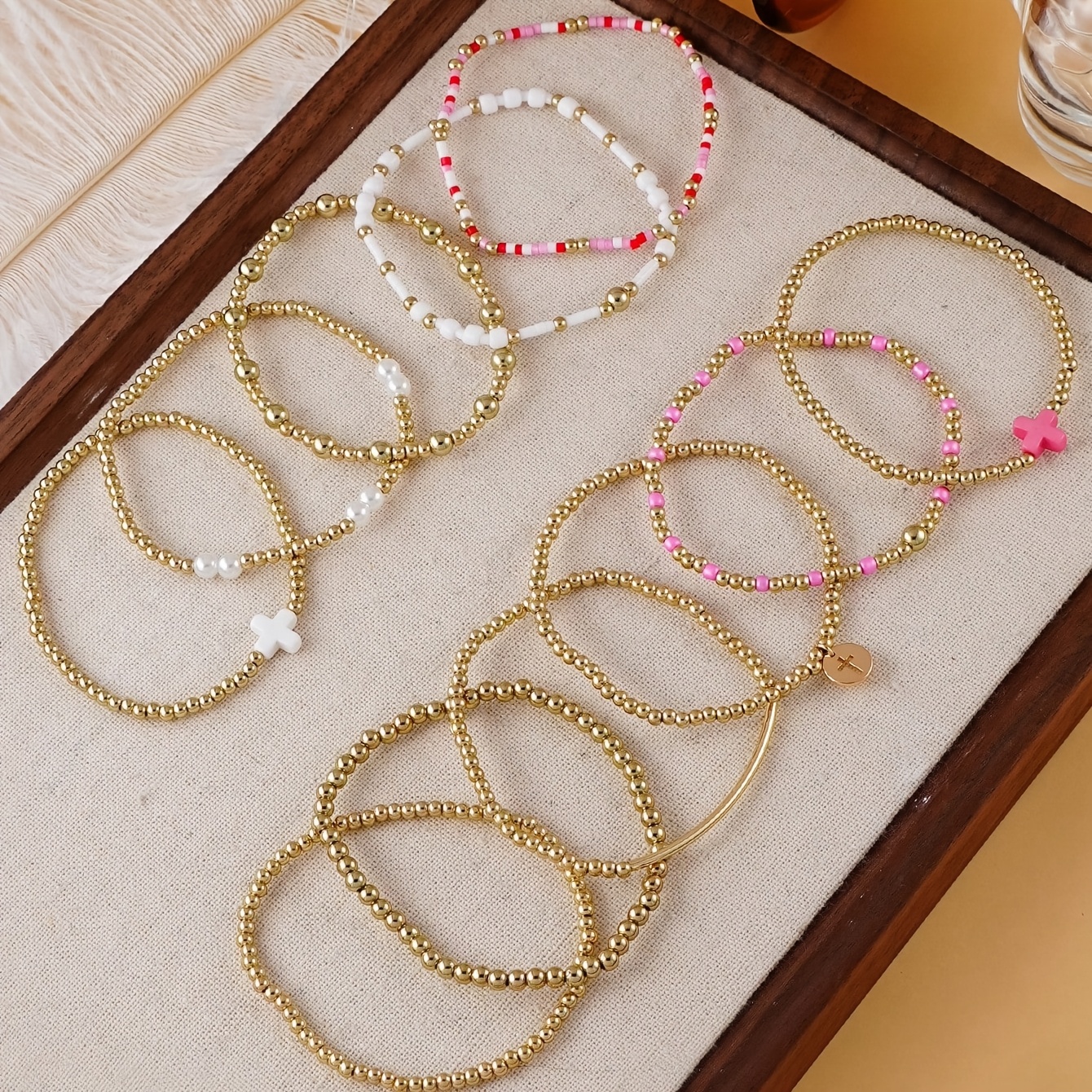 11pcs CCB Beaded Cross Pendant Stretch Bracelet Set for Women