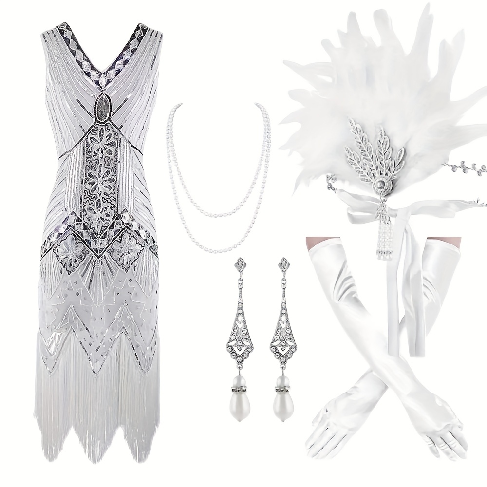 1920s   party dress sequin fringe flapper outfit with matching accessories set