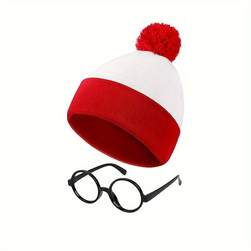 TEMU 1 Set Halloween Red And White Beret With Plush Pom-pom Glasses For , Unisex