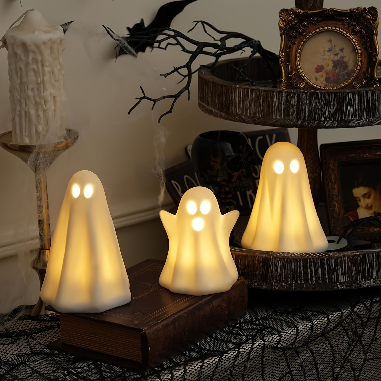 

Light Up Decor, 3 Pack Ceramic Decorations Indoor, Ceramic White Figurines Statue Cute Spooky Decor For Table Tiered Tray Fireplace