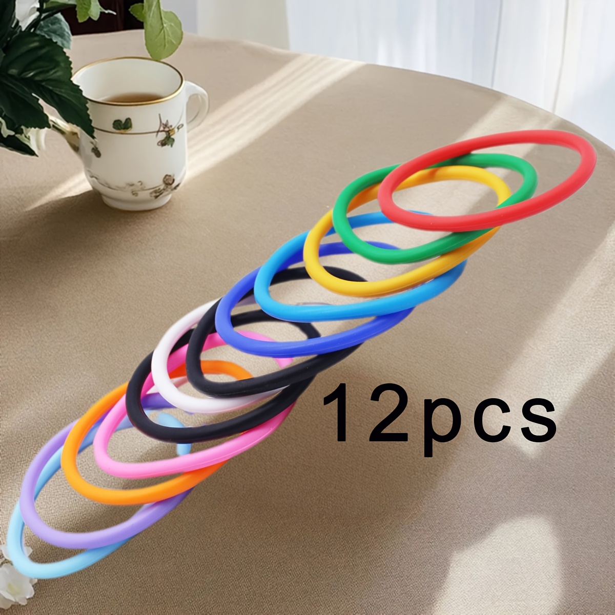 TEMU 12pcs Elastic Candy-colored Solid Cylindrical Silicone Bracelet Set In Black, White, Red, Yellow, Blue, Royal Blue, Green, Light Blue, Orange,