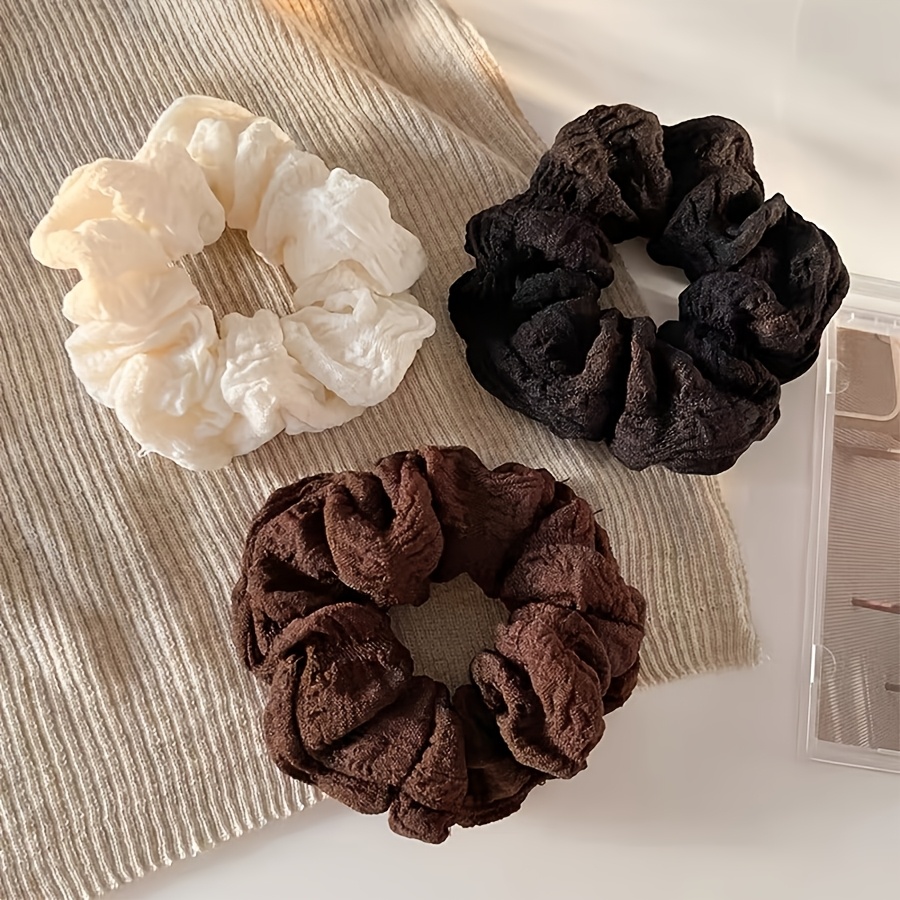 TEMU 3pcs Vintage Cream Pleated Seersucker Hair Ties, Non-damaging And Non-constricting Hair Accessories, Suitable For Daily Commuting, Dates, And