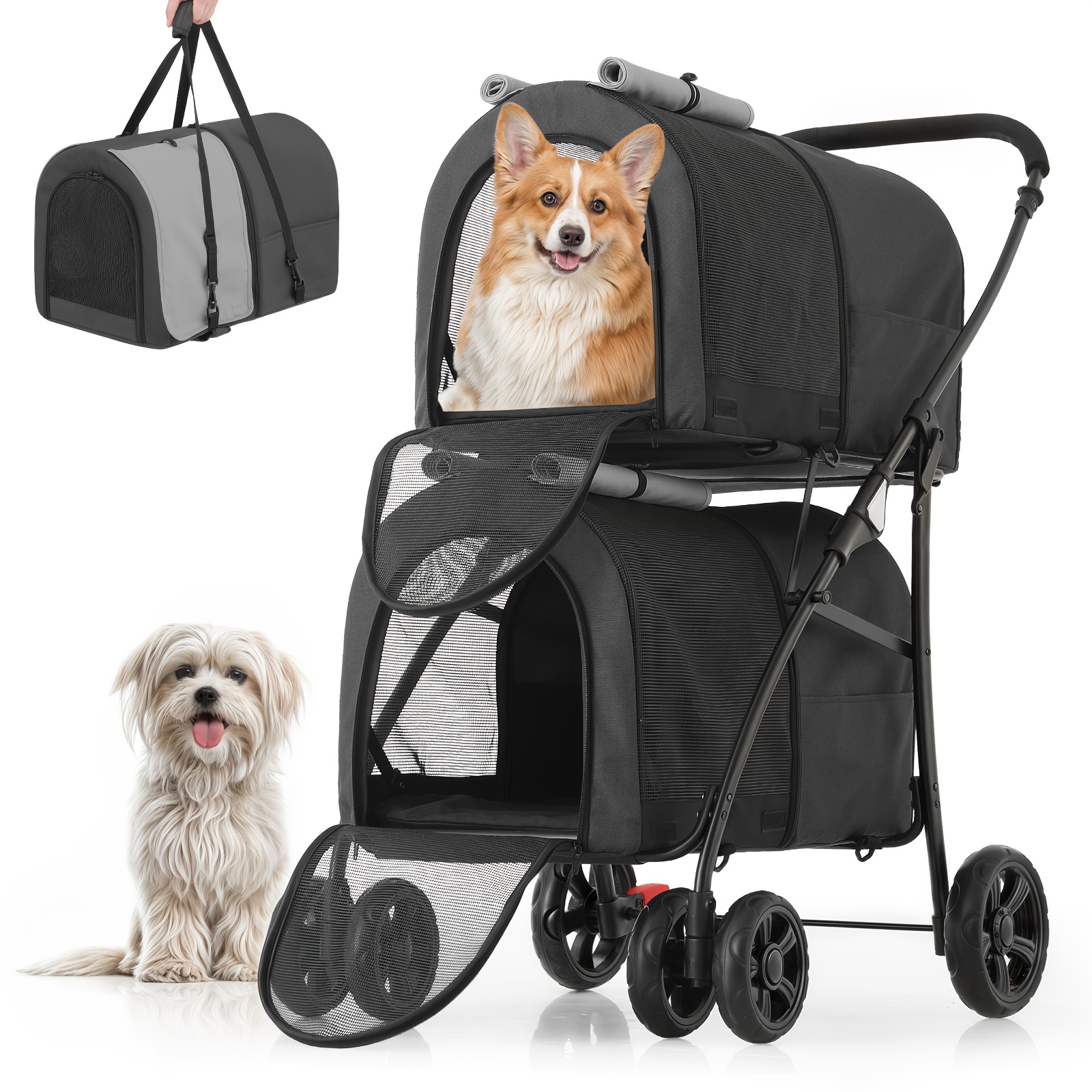 Poussette double pour avec sacs de transport détachables, grand modèle  à roues, pliable, pour *s et chats de petite et moyenne t