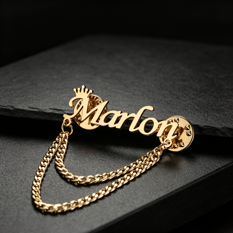 TEMU Custom Letter Crown Name Brooch - Stainless Steel Men's Pin, Double-layer Cuban Link Chain Design, Men's Suit And Evening Wear Accessory,