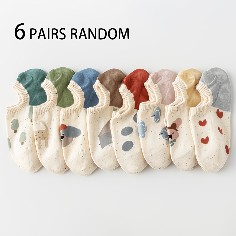 TEMU 6-pair Women's Boat Socks - Random Color Low-cut Ankle Socks With Dotted Yarn & Cartoon Patterns, Suitable For Spring/summer, Sneakers,, Boat -