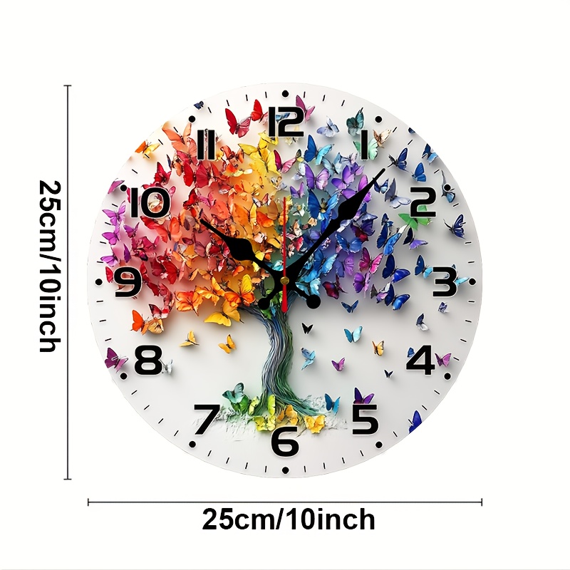 TEMU 2d Tree Canvas Art Backdrop - 10inch Wood Veneer Round Silent Flat Wall Clock - Batteries Not Included - For Indoor Hanging Decoration, Ideal