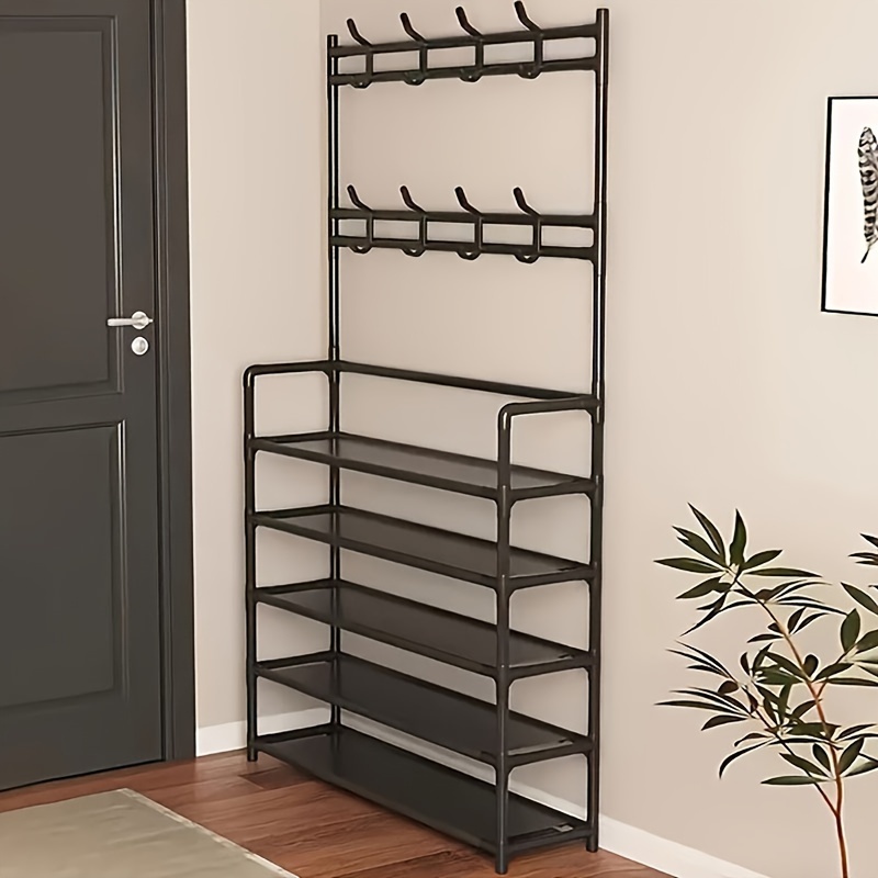 TEMU 5-tier Metal Shoe And Hat Rack, Reinforced Multi-functional Storage Shelf With 8 Hooks And Fabric Layers, Contemporary Style, Home Dorm Living Room Entryway Bathroom Organizer Easy Assembly