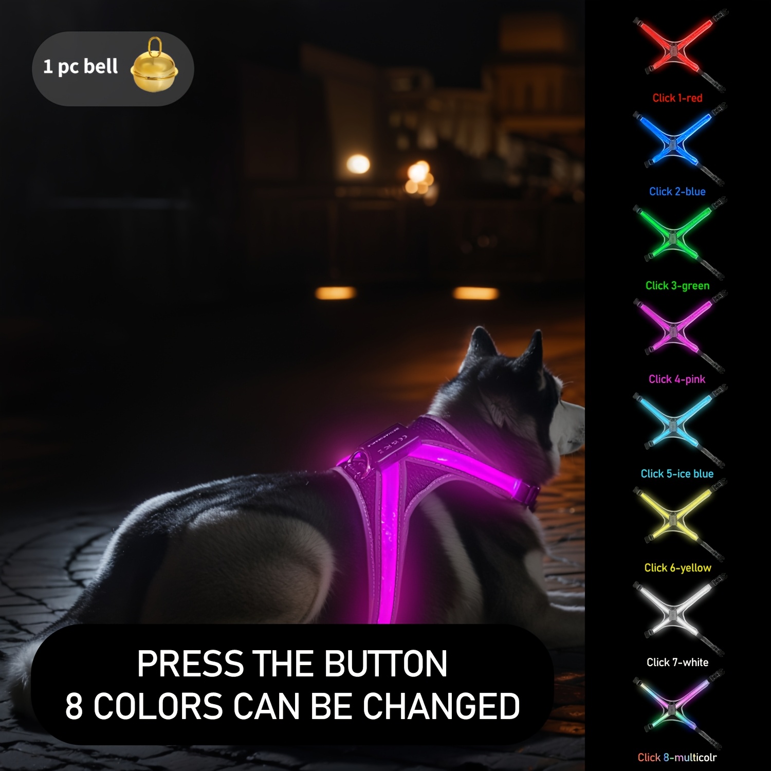 TEMU (set) 1pc Led Dog Harness And 1pc Decorative , Rechargeable And Adjustable Size With 8-tier Color Changing, Suitable For Small To Large Dogs,