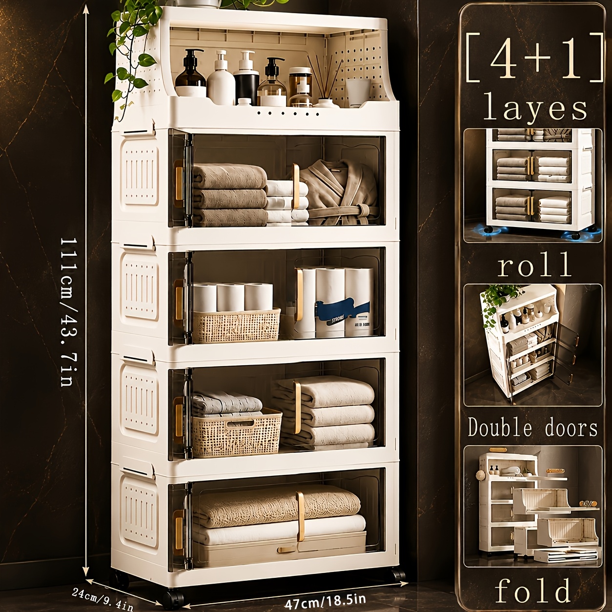 TEMU Armoire de rangement pliable avec roulettes universelles - Boîte de rangement empilable avec couvercle et étagère supérieure ouverte, Armoire de