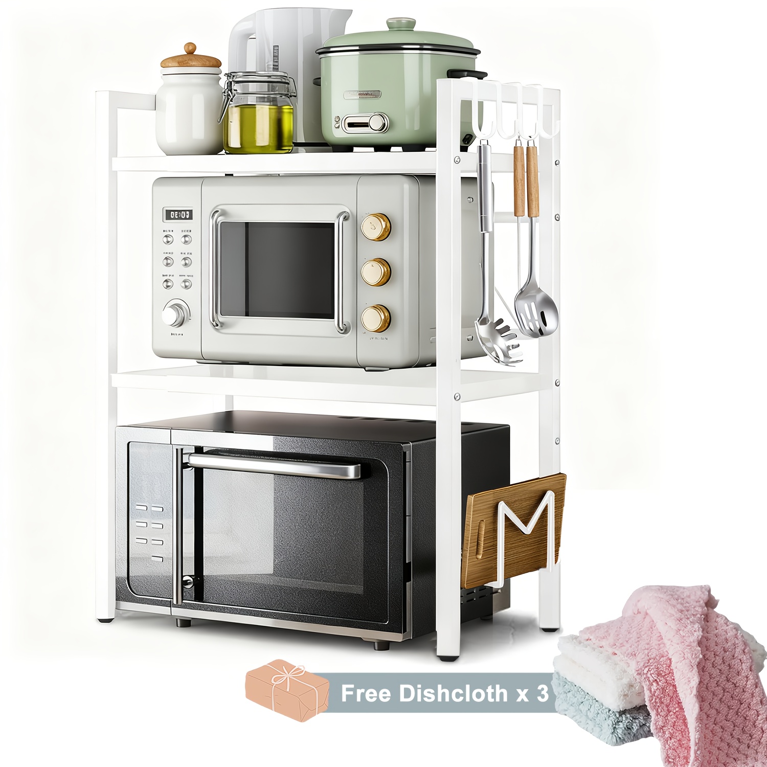 TEMU 2-tier/3-tier Extendable Microwave Rack With 4 Hooks, 3 Towel Racks, And A Cutting Board Rack, Carbon Steel Countertop Storage Rack For Kitchen