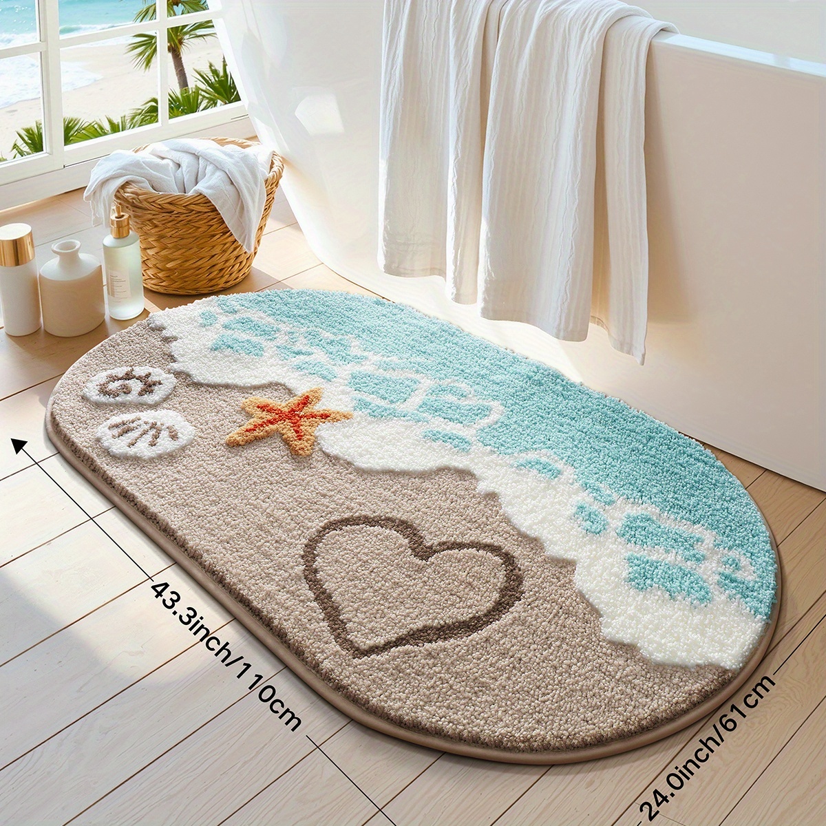 E-shop Flauschiger Badteppich Badematte, Oval Extra Weicher Saugfähiger Premium Badteppich, Strand Sandmuster Rutschfeste Bequeme Badematte für