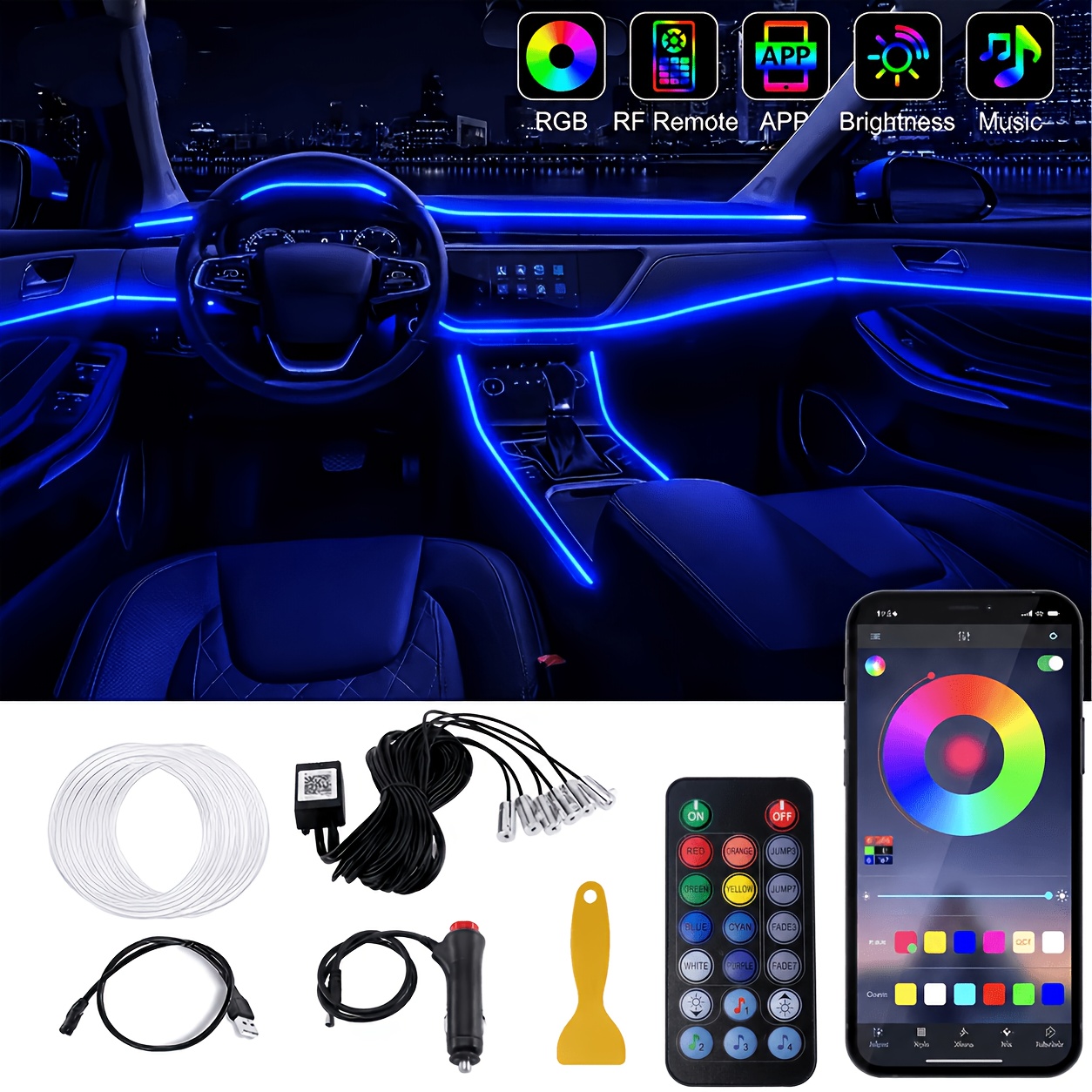 TEMU Ambient Lighting Kit: Rgb Led Car Interior Lights With 16 Million Colors, Wireless App And Remote Control, And 236-inch Fiber Optic ; Upgraded