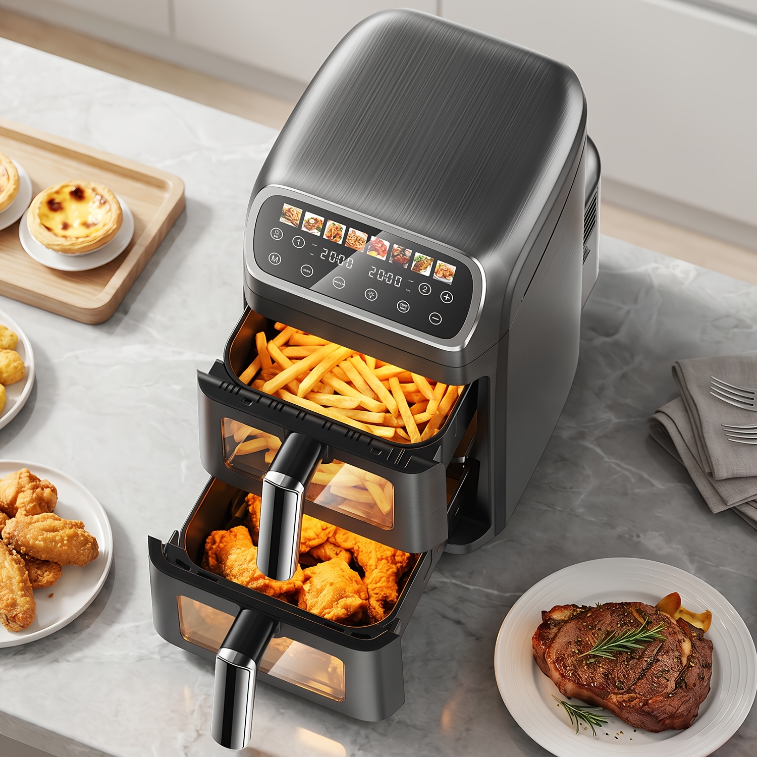TEMU 10.5l Air Fryer With Dual Fry Baskets, Large Capacity, 10 Programs, Sync For Cooking 2 Dishes Simultaneously, Suitable For Large Families,