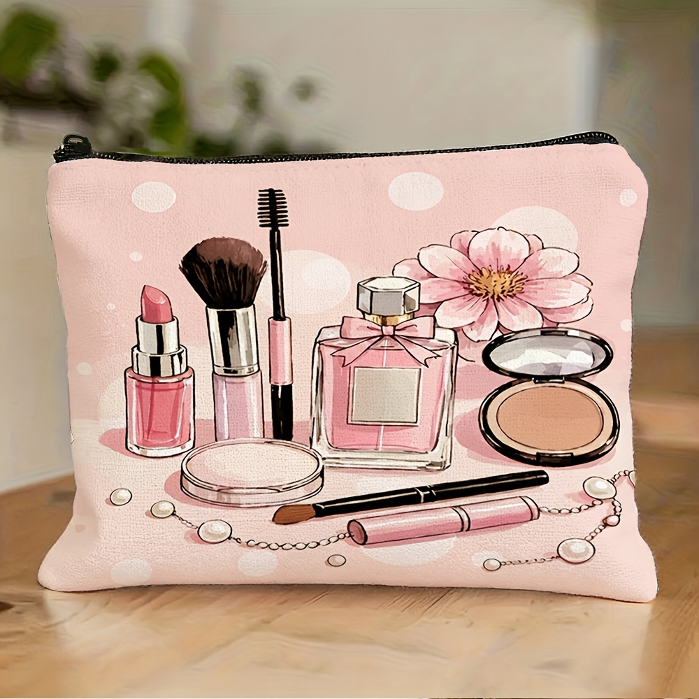TEMU 2d Flat Printing, 1pc, Makeup-themed Printed Cosmetic Bag, Featuring Makeup Tool Patterns, Double-sided Printing, Cosmetic Storage Bag, Portable