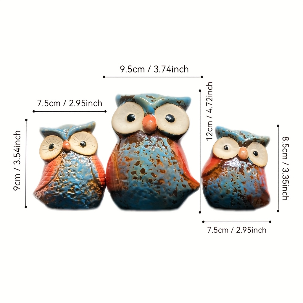 Image of 3pcs Ceramic Owl Family Trio - Handcrafted Garden And Home Decor Items In Red, Blue, And Green Tones, Perfect For Display Room, Hallway, Or Outdoors, Owl Home Decoration