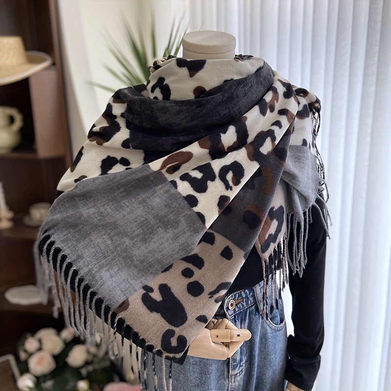 TEMU 1pc -block Leopard Print Cashmere Scarf, Bohemian Style, , Lightweight And Smooth Fabric, Decorative And Breathable, Suitable For Daily And
