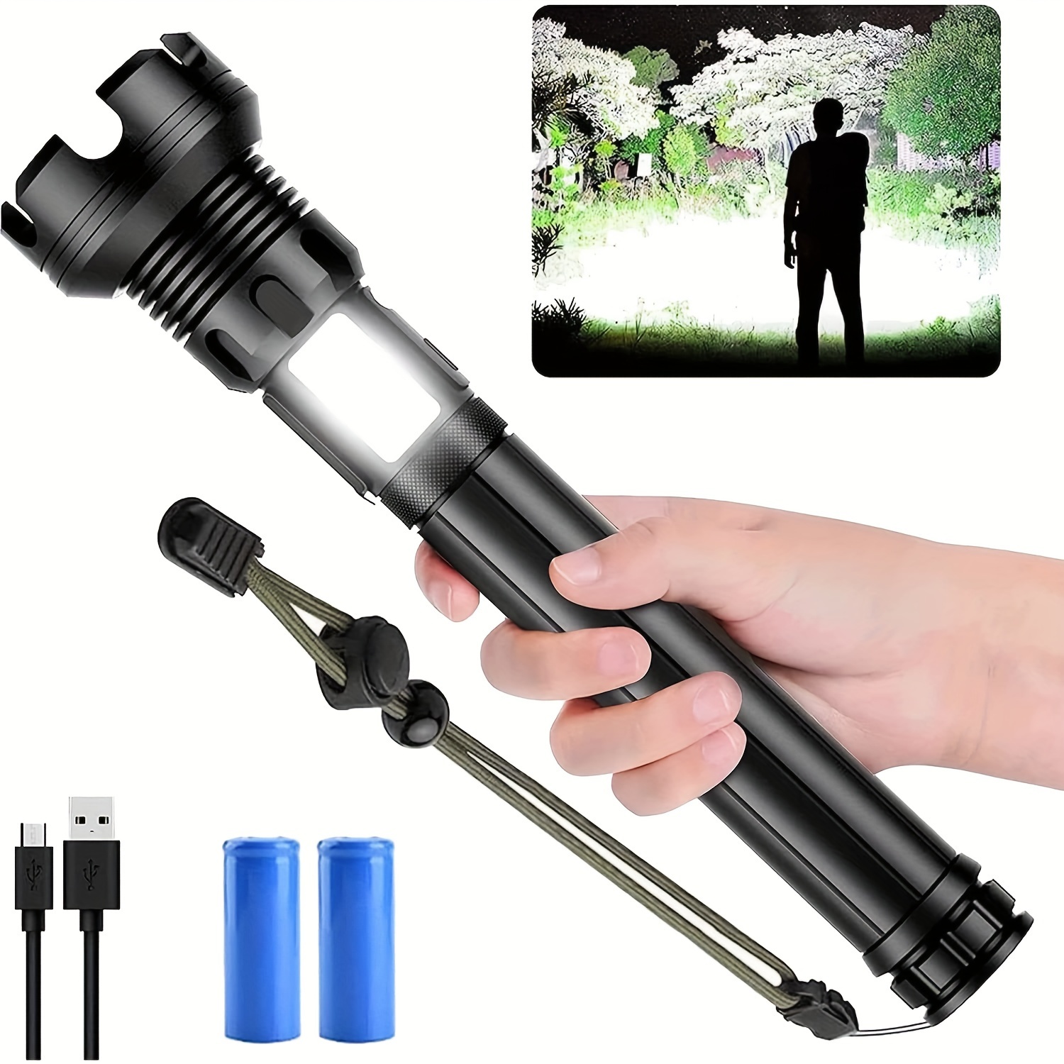 

P90 Led Rechargeable Tactical Flashlight, 90000 Lumens Xhp90, Bright With Cob Sidelight, Powerful Emergency Flashlight With Usb Output, Zoomable, 7 Modes