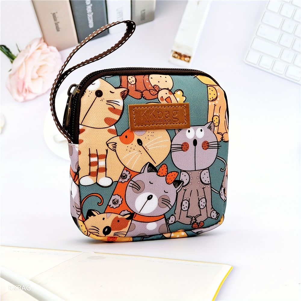 E-shop Kompakte Handtasche mit Katzen-Druck auf Leinwand - Tragbarer Sanitärpad-Organizer, Kosmetiktasche, Digitale Accessoires-Tasche mit lustigem