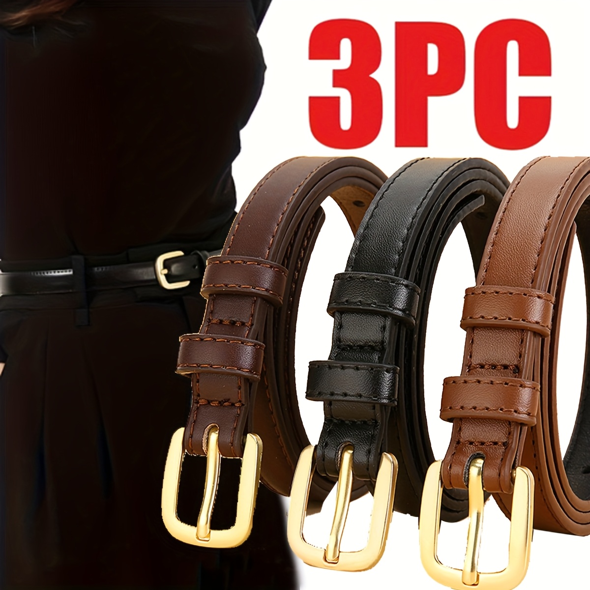 3pcs Women's Pu Belt Set, Vintage Golden Classic Belts For Ladies, Perfect Gift For , In , Versatile For Work Party With Skirts And Jeans