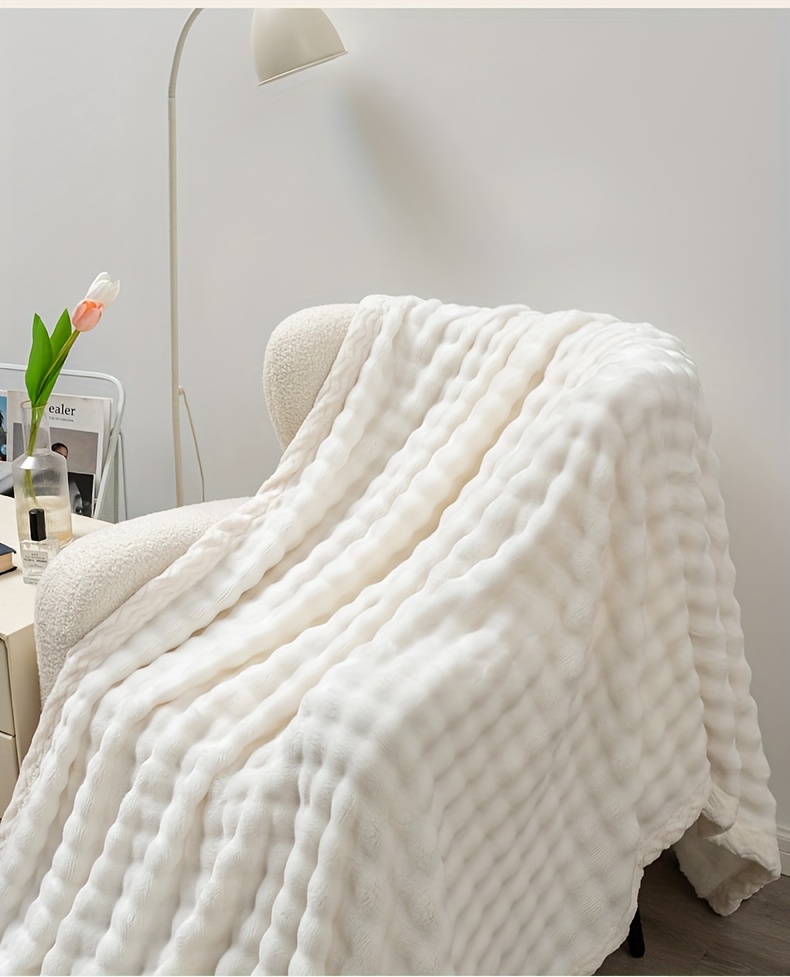 luxurious white bubble fleece blanket   polyester   knit fabric soft and cozy for living room office bedroom camping pet versatile throw contemporary style 250 300gsm ideal birthday gift details 0