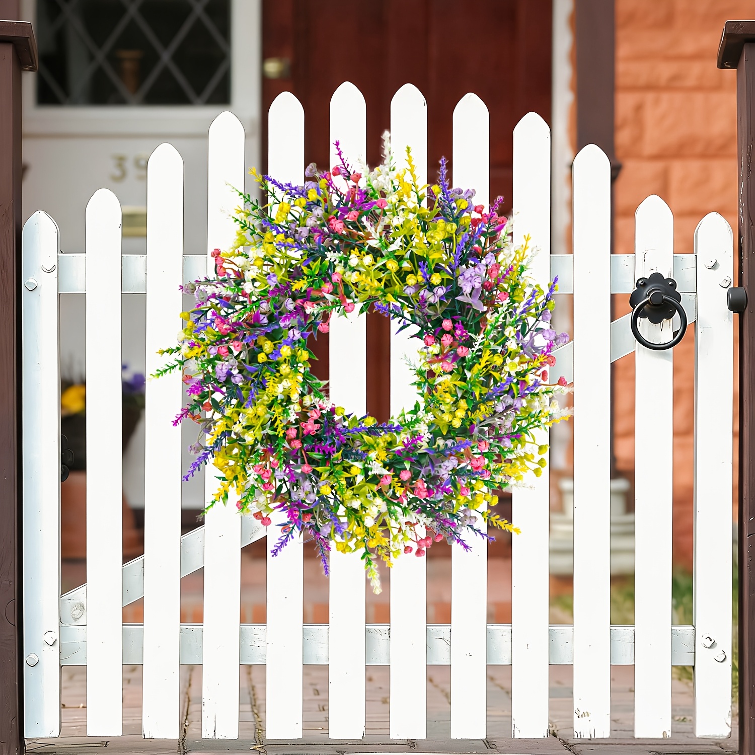 14-Zoll Frühlingskranz * für die Haustür im Landhausstil, sommerliche Türdeko, farbenfroher Frühlingsblumenkranz, Bauernhaus-Fensterkranz, Veranda, Heim, Innen- und Außendekoration für wohnung