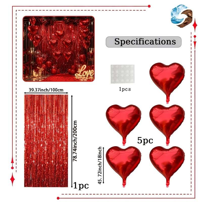 TEMU 7pcs Heart Rain Thread Balloon Set, Includes 18-inch Red Hearts X 5pcs, Red Rain 1pc (plastic), Glue, Suitable For Weddings, Proposals, ,