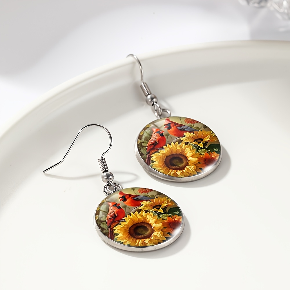 Sunflower And Red-Billed Bird Glass Dome Dangle Earrings