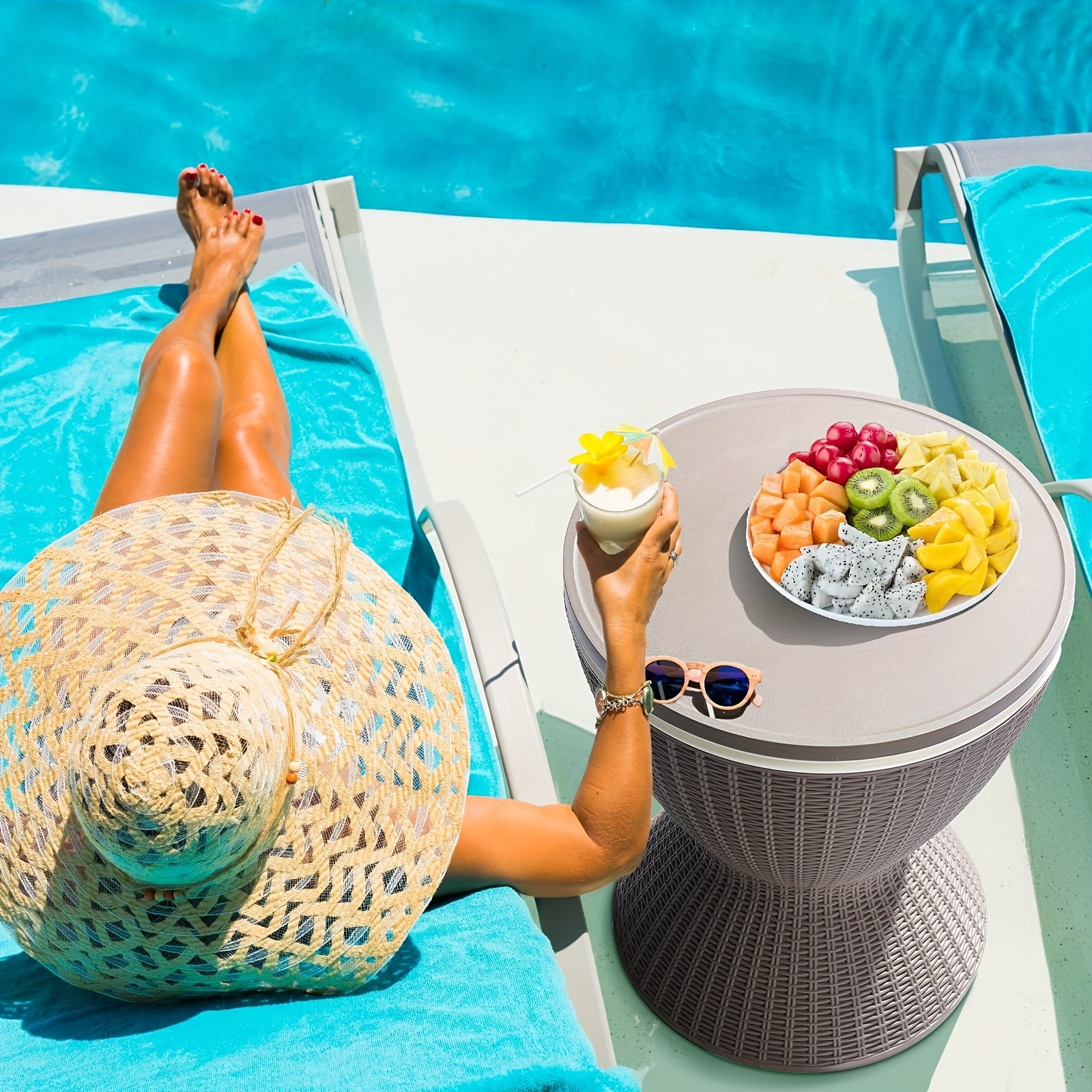 3 in 1 ice bucket combines cooler wine table and coffee table lid 30 l 8 gallon drink storage cans with ice rattan look with any patio furniture decor built in drainage plug beverage cooler drinks ice cold for hours easy to assemble details 4