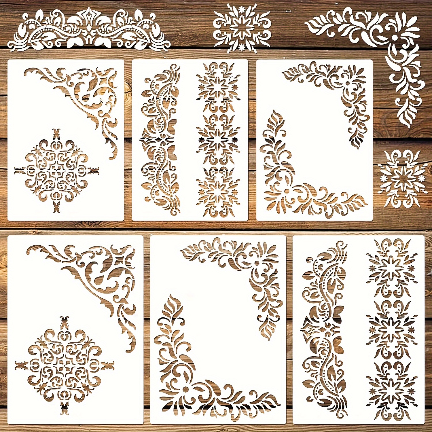 

6pcs Vintage Stencil Set - Reusable Damask Painting Templates For Diy Crafts On Wood, Walls, Canvas & Fabric