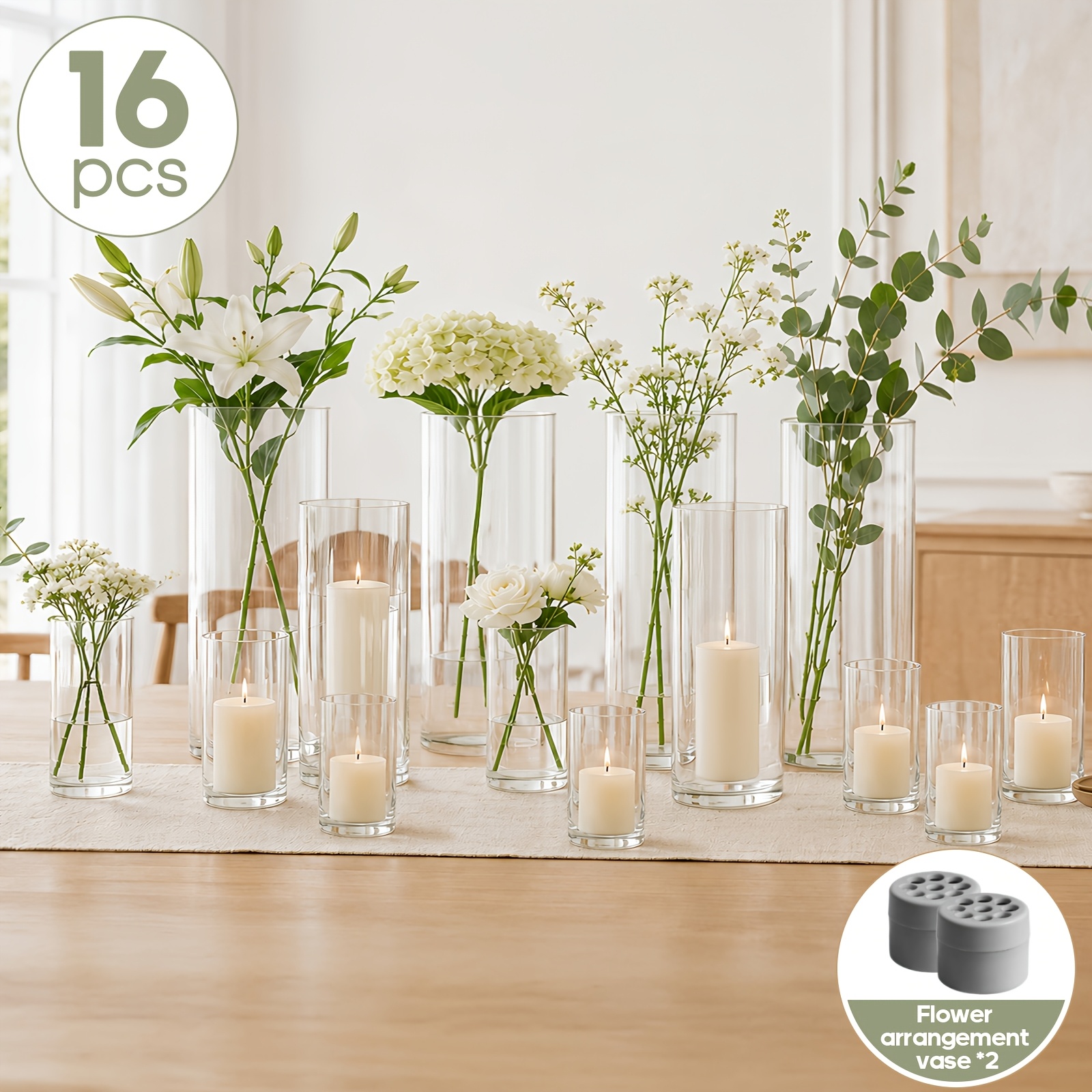 Image of Vases, 16pcs Set Clear Sizes Flower Vase + 1 Purchase All Sizes Arrangements, With 2 Flower Frogs Secure Stems, Clear Glass Versatile Home Decor, For Dining Table Living Room Wedding Decoration