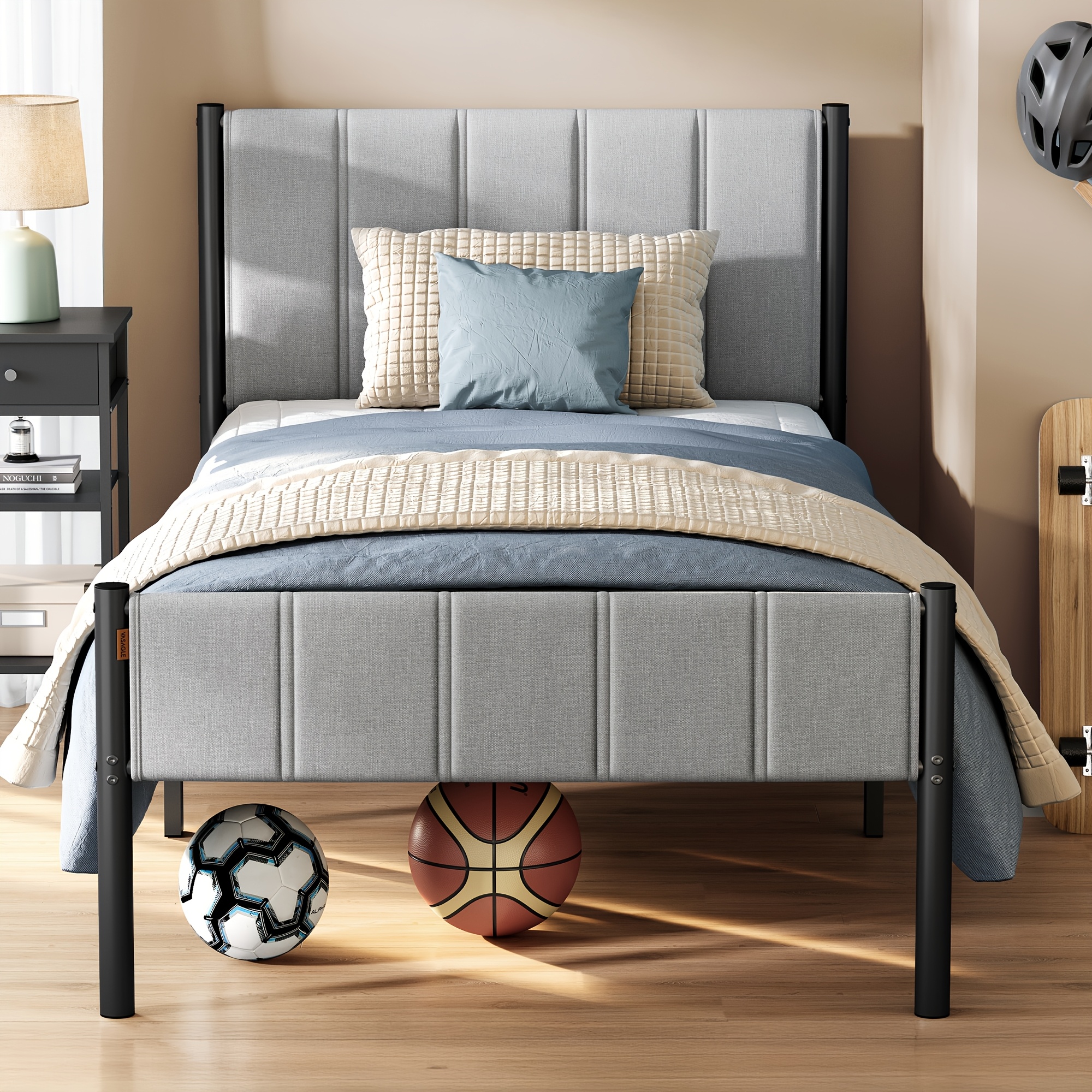 Metal Bed With Upholstered Headboard, 206 X 91 X 5 X 104 Cm, Gray