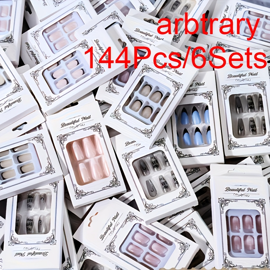 Image of 144pcs (6 Sets) Random Press-on Nails Stylish Almond Shape Mixed Color Glossy End Medium Length Ideal For Women And Nail Art Essentials Look Rhinestone Embellishments False Nails For Manicure