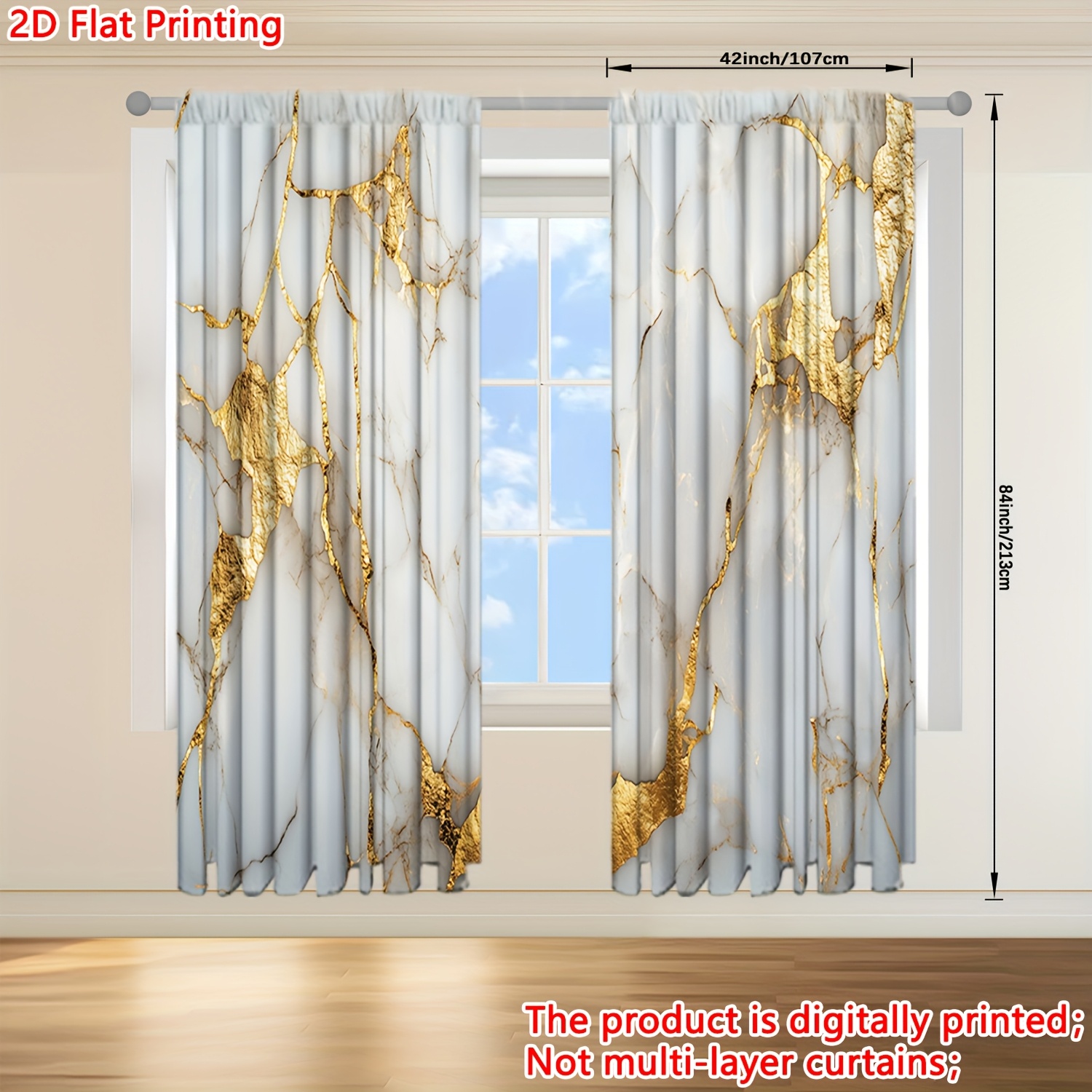 TEMU 2d Flat, 2d Flat Printing 2pcs Gilded Marble Texture Printed Curtain For Home Decor - Rod Pocket Window For Bedroom, Office, Kitchen, Living