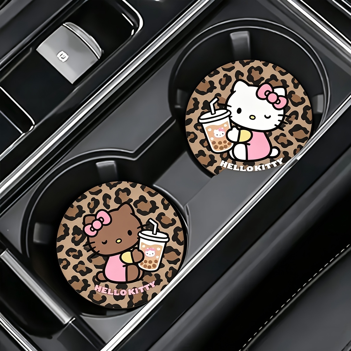 Image of Hello Kitty Car Cup Coaster, Brown Leopard Print Hello Kitty, Anti-slip Car Cup Holder Mat, Cute Car Interior Decorative Cup Coaster, Suitable For Women' Accessories, Perfect Gift