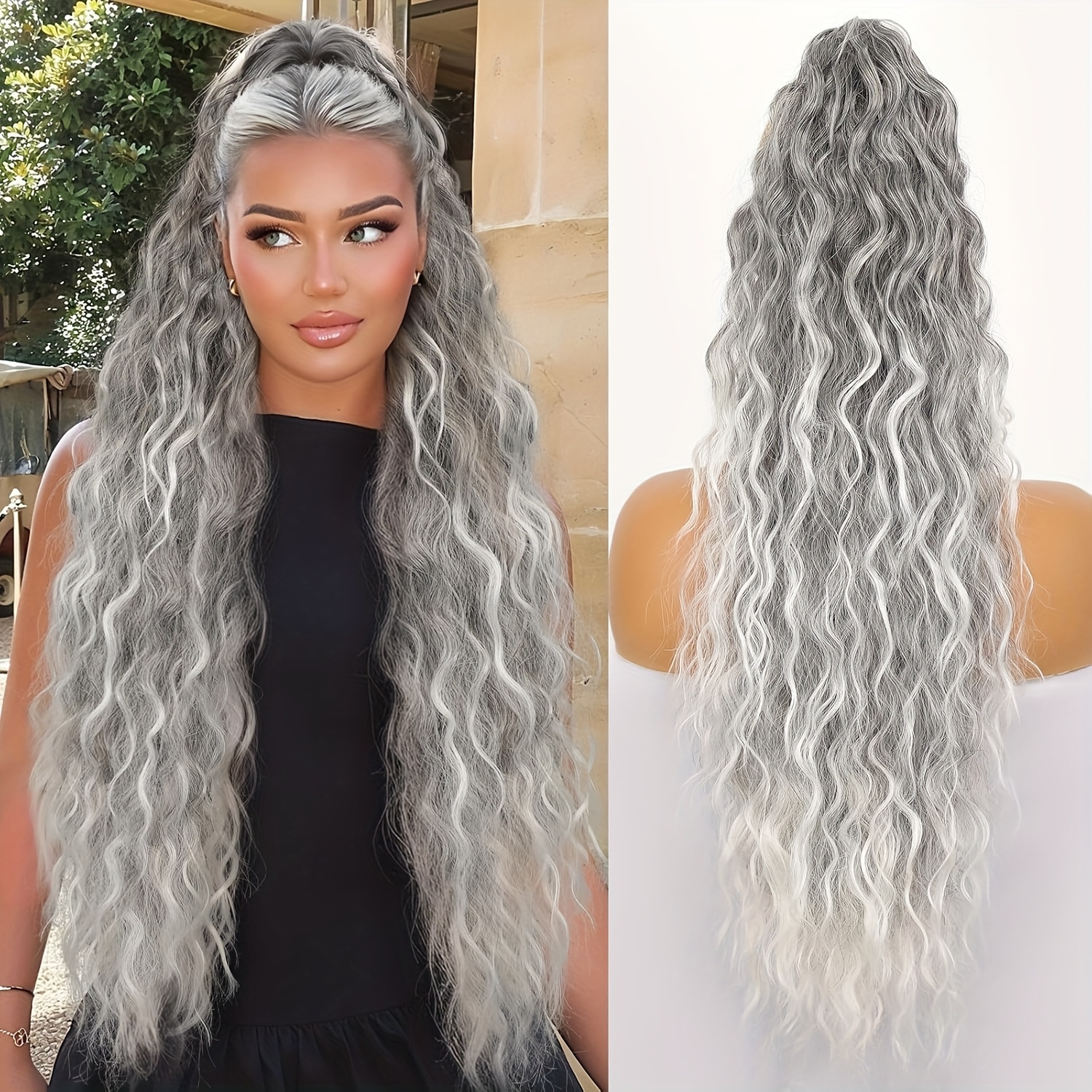 30-inch Long Small Curly Long Ponytail Wig, Gradient Gray-white Long Ponytail Wig, Double Fixation, Drawstring Plus Claw Clip, , Suitable For Daily Wear