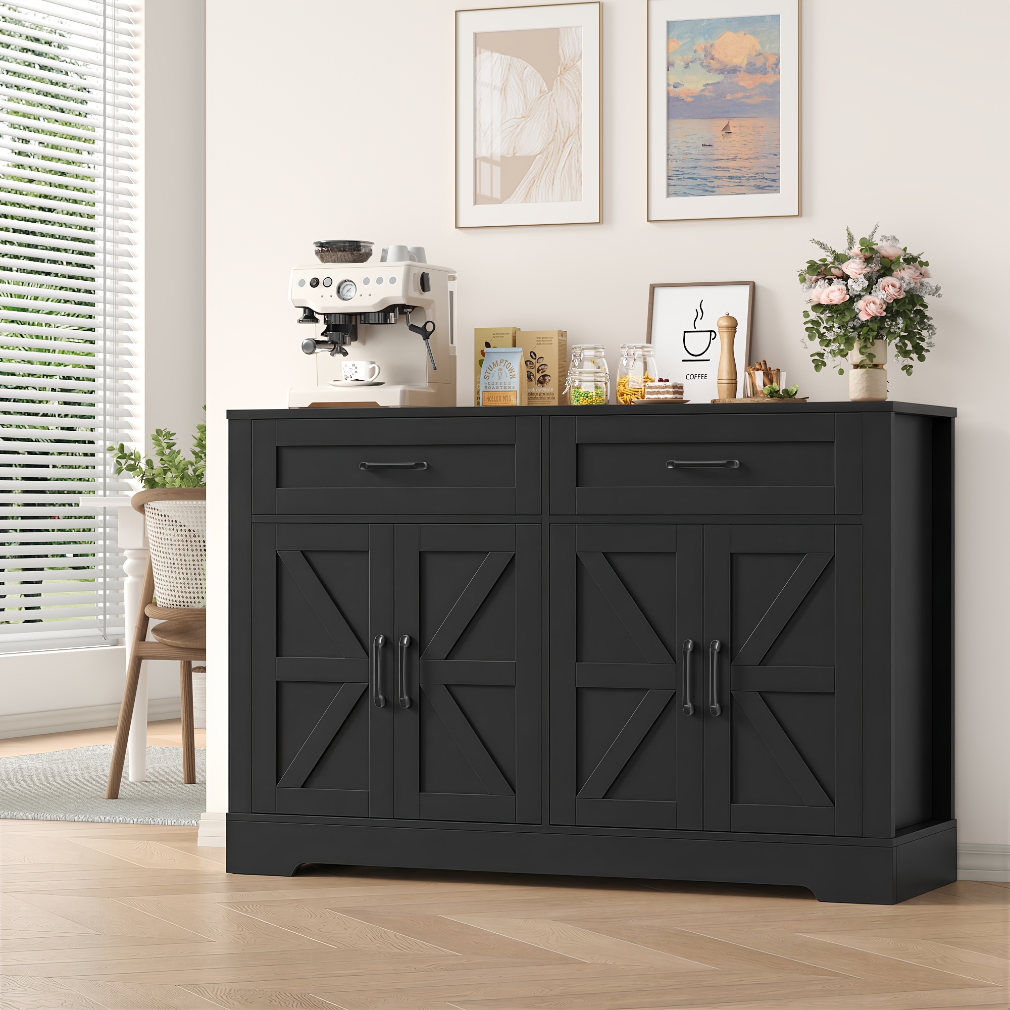 Image of Kealive Sideboard, 120cm Kitchen Buffet Cabinet With 2 Drawers And For Kitchen, Living Room, Hallway And Dining Room, Black