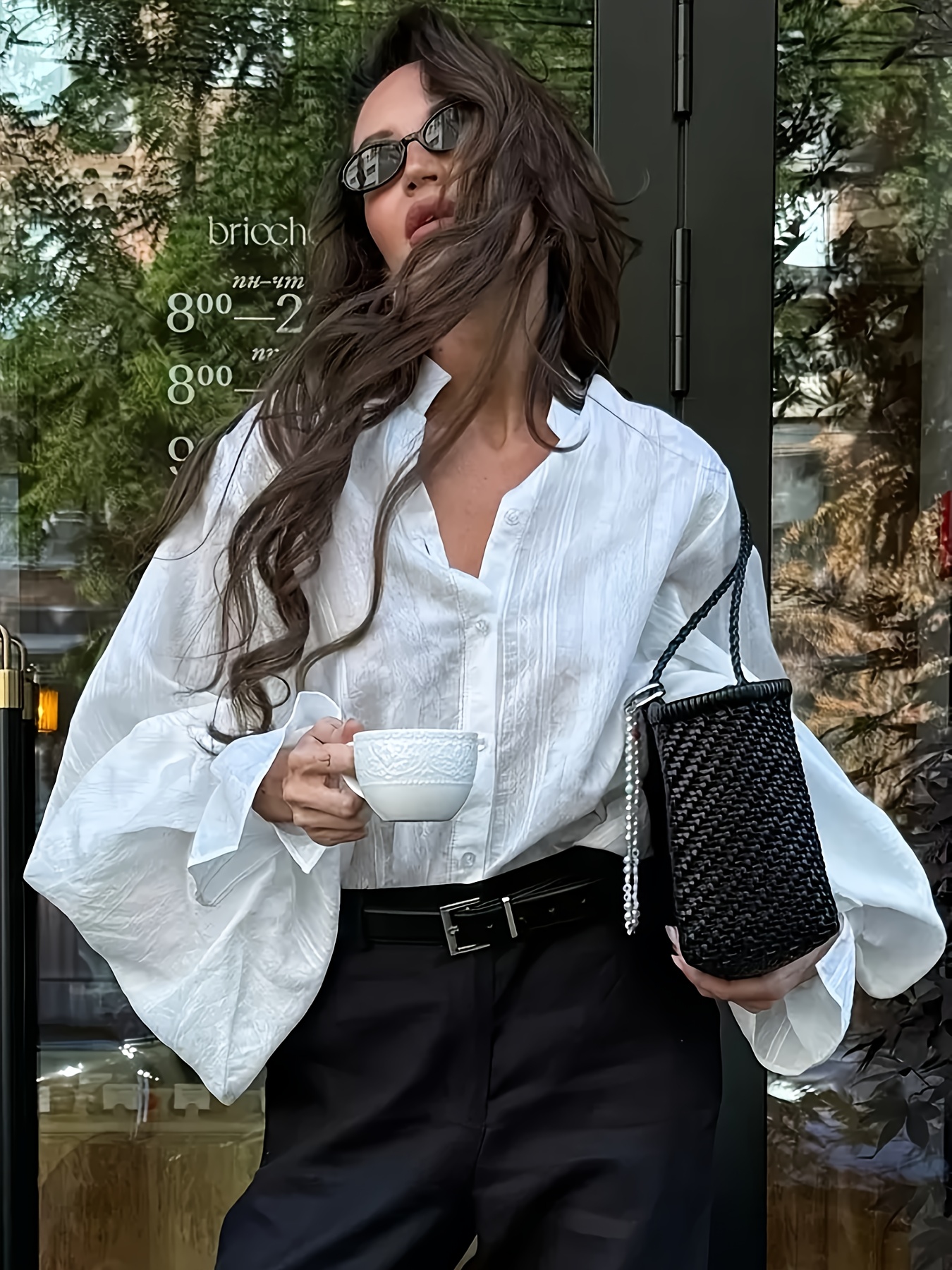 elegante damen-bluse mit langen ärmeln und laternenärmeln & stehkragen - knopfleiste, weiß,   für frühling/sommer/herbst, von lässig bis formell, damenblusen 0