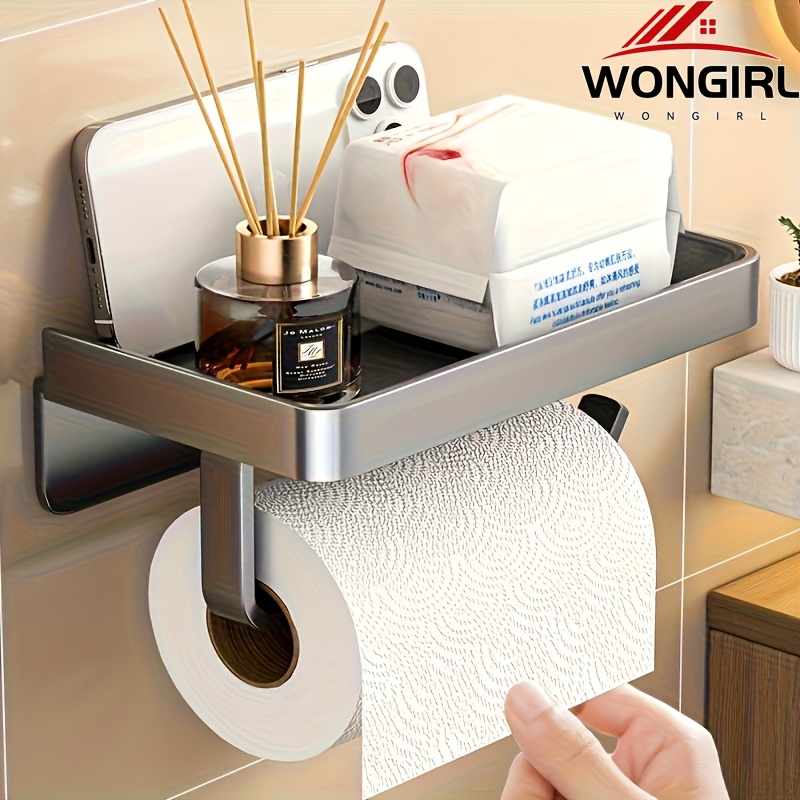 

1pc Wongirl Carbon Steel Toilet Paper Holder With Shelf - Wall-mounted, Large Capacity, Self-adhesive, Waterproof Bathroom Storage Organizer For Home And Kitchen Accessories