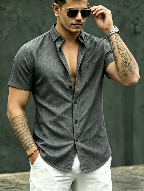 *'S Textured Solid Short Sleeve Shirt, Business Casual Lapel * Fit, Breathable Comfortable Easy Versatile Summer Daily * Top *'S Textured Solid Short Sleeve Shirt, Business Casual Lapel * Fit, Breathable Comfortable Easy Versatile Summer Daily * Top