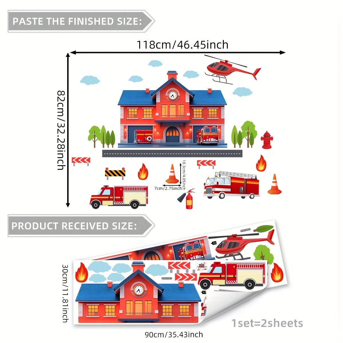 1 Set 2pcs Fire Truck Wall Stickers Living Room Bedroom Home Background Decoration Stickers B13518-kn