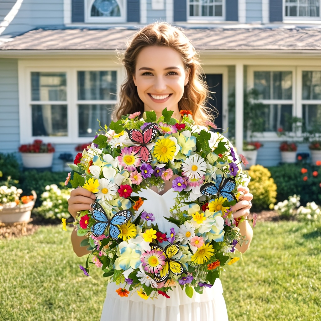 

18" Artificial Daisy And Hydrangea Wreath With Butterflies - Spring/summer Front Door Decor, Outdoor Wall Home Décor, Plastic, Garden Decor