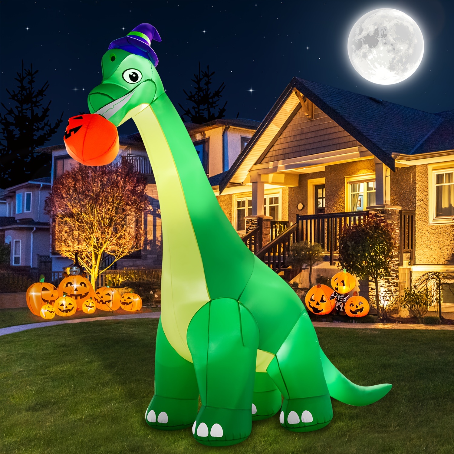 

13ft Halloween Dinosaur Inflatable With Hat & Pumpkin - Led Light-up Yard Decor, Weather-resistant, Easy Setup For Outdoor/indoor Holiday Party, Green Design