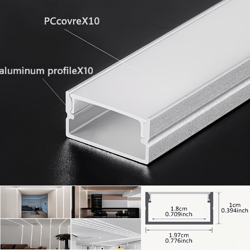 TEMU Lot de 5/10 pièces de profilé LED de U de 100 cm/39,37 pouces (20 mm x 10 mm), boîtier de support pour bande LED, boîtier de rail LED, profilé