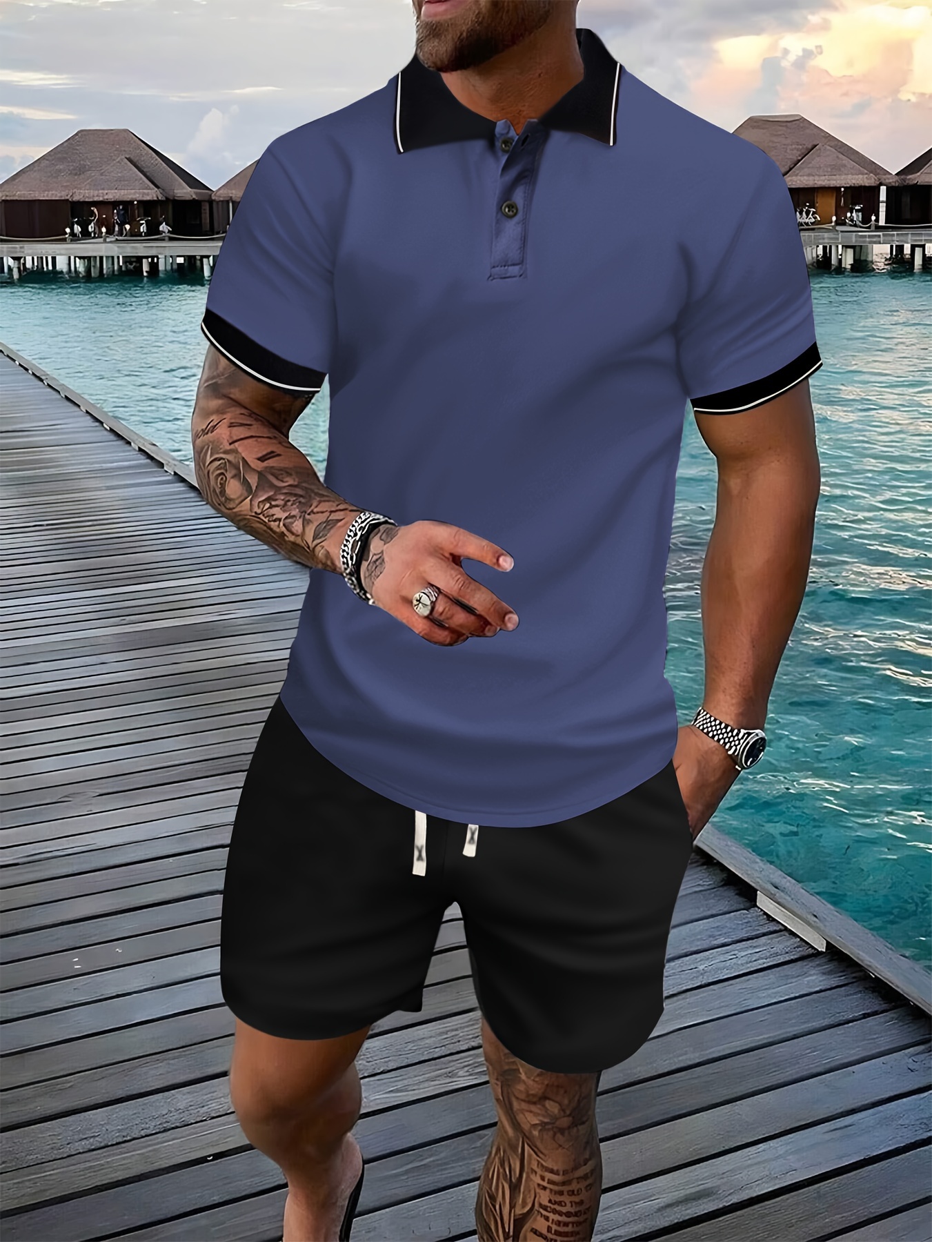 *'S Short Sleeve Shirt Color Block Top and Shorts Set, Fashion Casual  Outdoor Bag Sports with Elastic Waist and Drawstring Pants Two-piece Set