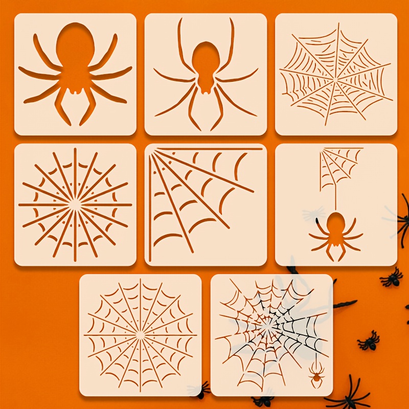 "8pcs & Web Stencil Set - 15cm X 15cm Reusable Diy Painting Templates For Halloween Decor, Art Projects, Wall Stenciling, Craft Designs, Scrapbooking, Fabric Printing & Home Decoration"