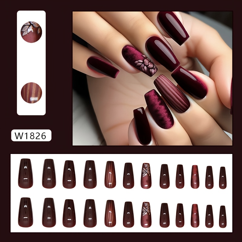 Dark Red Mysterious Gradient Floral Striped Nail Art For Sweet And Cool, Versatile And Flattering, Western Aesthetics