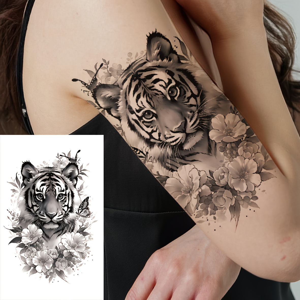 

Temporary Tiger And Flower Tattoo Stickers Waterproof For Boys, Girls, Men, Women - Arm, Forearm, Leg, Chest Use - Party-friendly, Long-lasting Oblong Shape (1 Sheet)