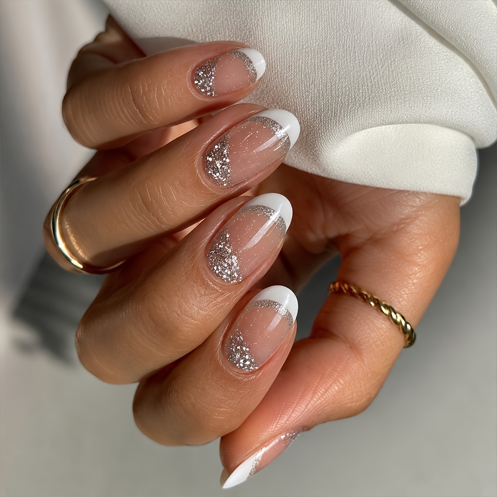 Image of 24pcs Medium Almond Fake Nails, Chic Sparkle On Nails, Transparent Base Reusable Nail Art For Daily Work