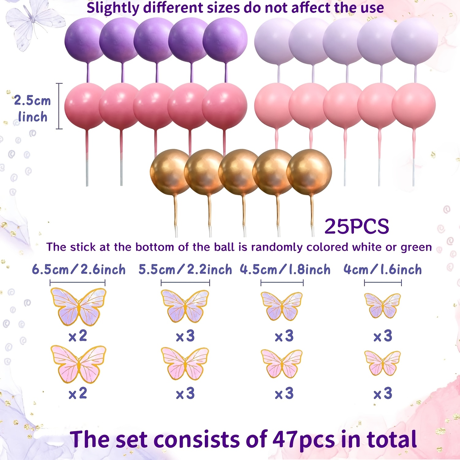 Laventy 43pcs/47pcs Cake Decorations With Balls Cake Toppers For Gender Reveal Wedding Birthday Bridal Shower Party Decor(the Color Of The Stick At Of The Ball Is Random)