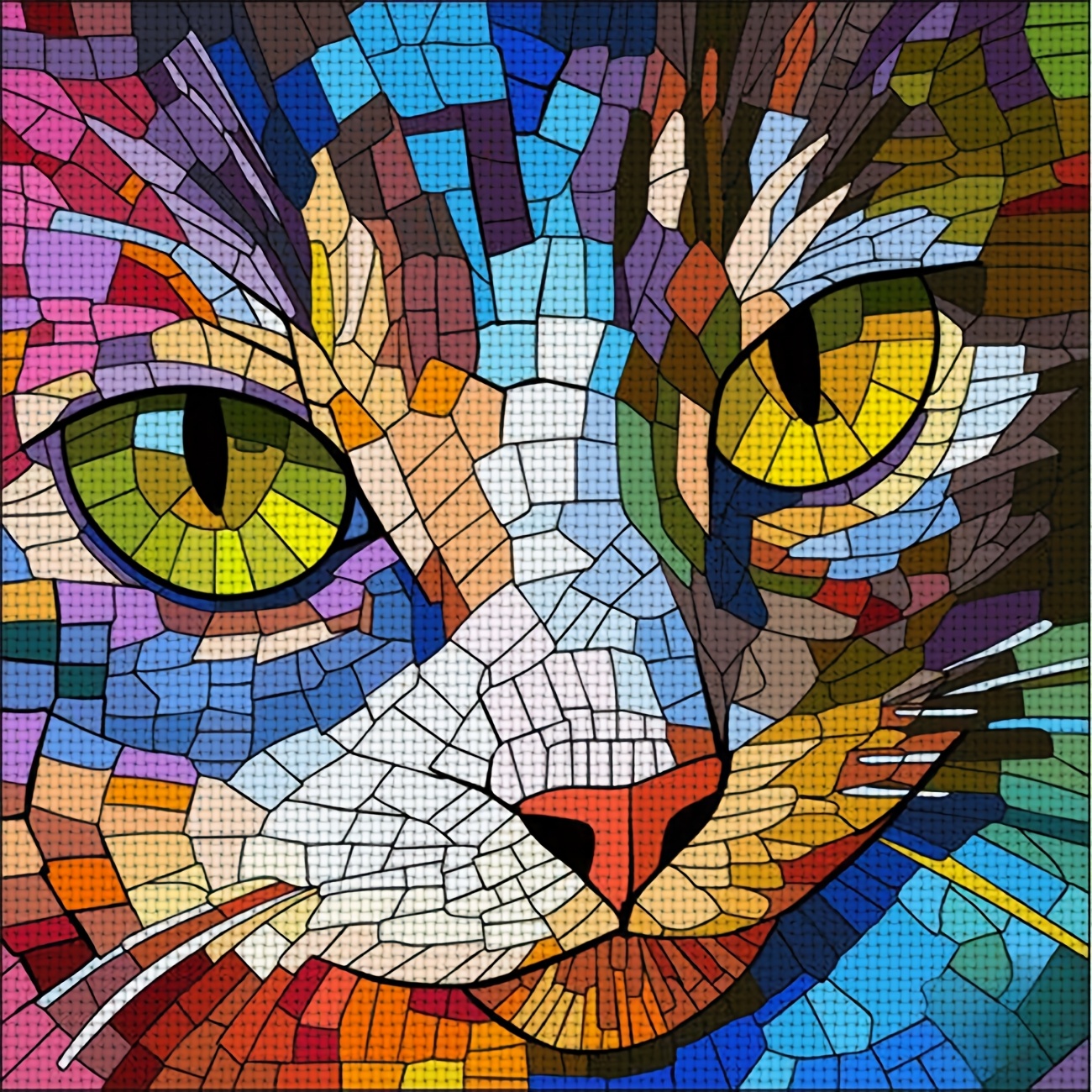 TEMU Kit de point de croix 1pc | Motif de tête de chat en mosaïque colorée, idéal pour les débutants, une toile imprimée, des aiguilles, un motif et